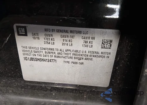 2017 Chevrolet Sonic Ls Auto из США, поврежденный, VIN 1G1JB5SH6H4124771